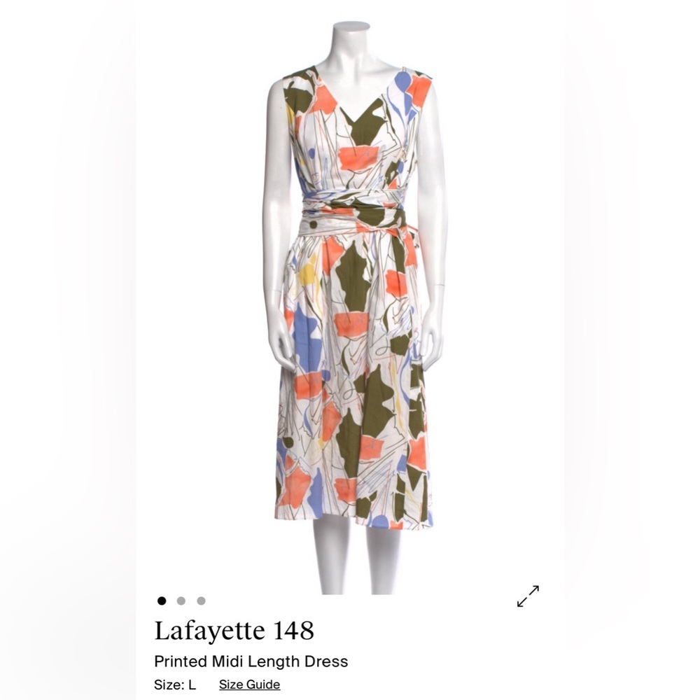 Lafayette 148 New York White Midi Dress with Coral, Olive & Blue Abstract Print